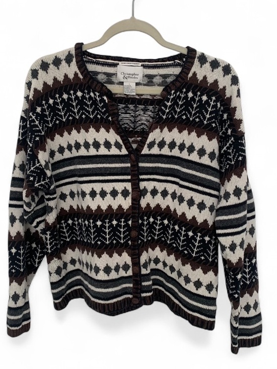 Vintage Sweaters - Vintage Christopher & Banks Cream, Brown & Black Patterned Button-Front Cardigan